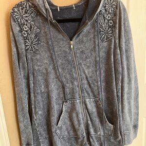 Chico's Gray Hooded Jacket with Embroidered Details